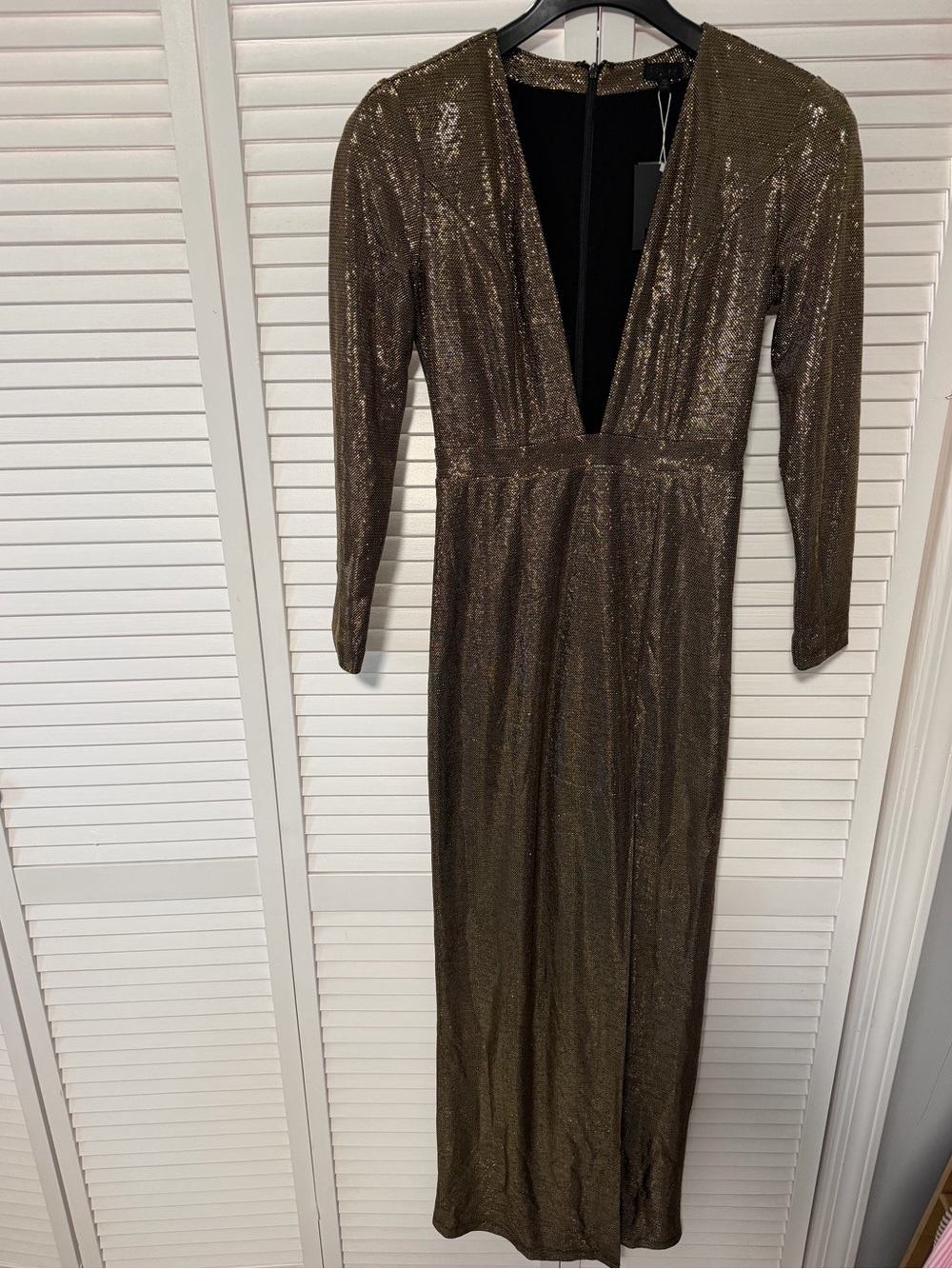 NBD Revolve Metallic Bronze Long Sleeve Plunge Maxi Dress NWT